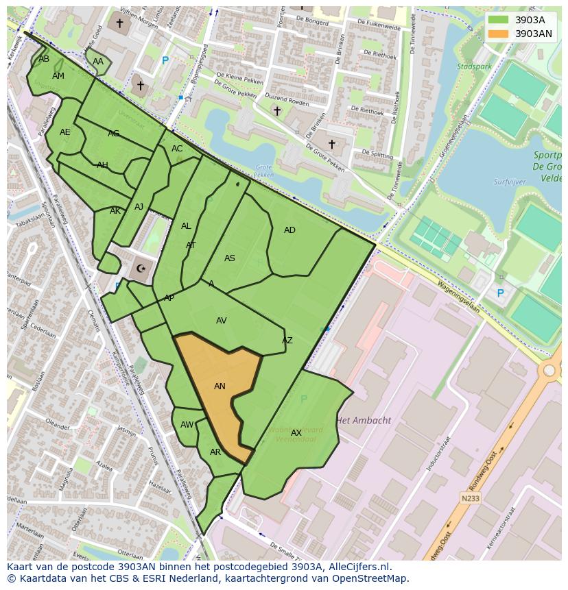 Afbeelding van het postcodegebied 3903 AN op de kaart.