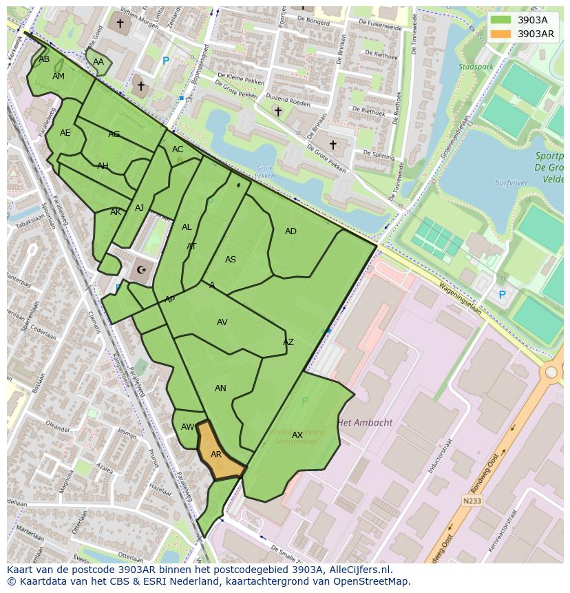 Afbeelding van het postcodegebied 3903 AR op de kaart.