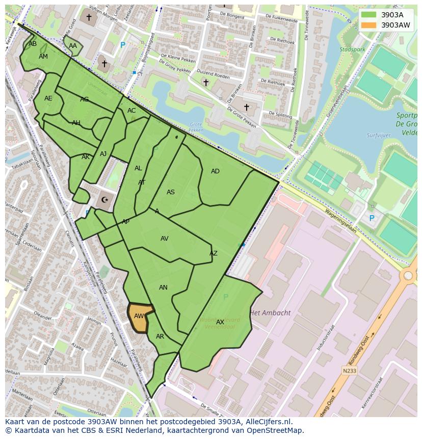Afbeelding van het postcodegebied 3903 AW op de kaart.