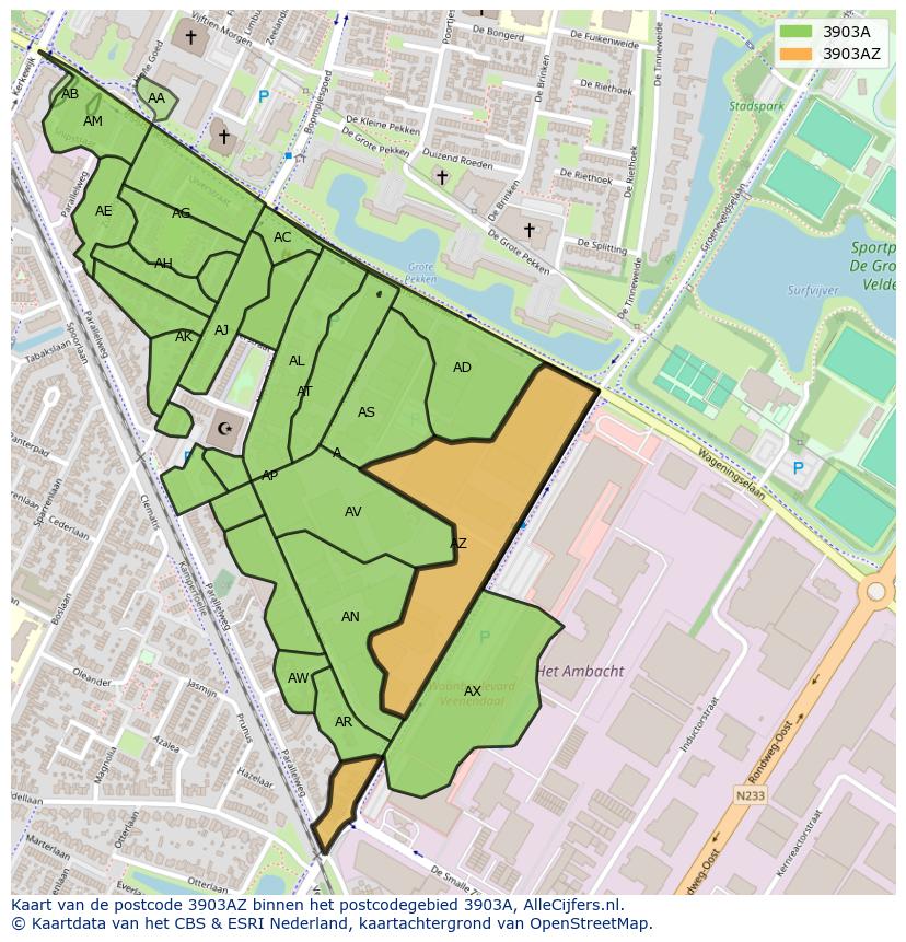 Afbeelding van het postcodegebied 3903 AZ op de kaart.