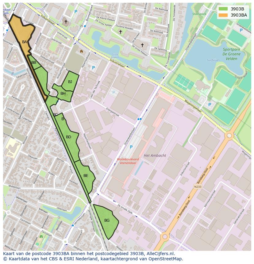 Afbeelding van het postcodegebied 3903 BA op de kaart.