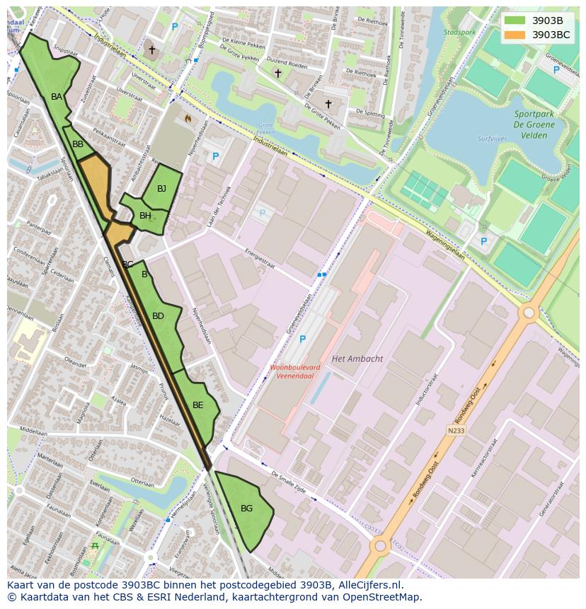 Afbeelding van het postcodegebied 3903 BC op de kaart.