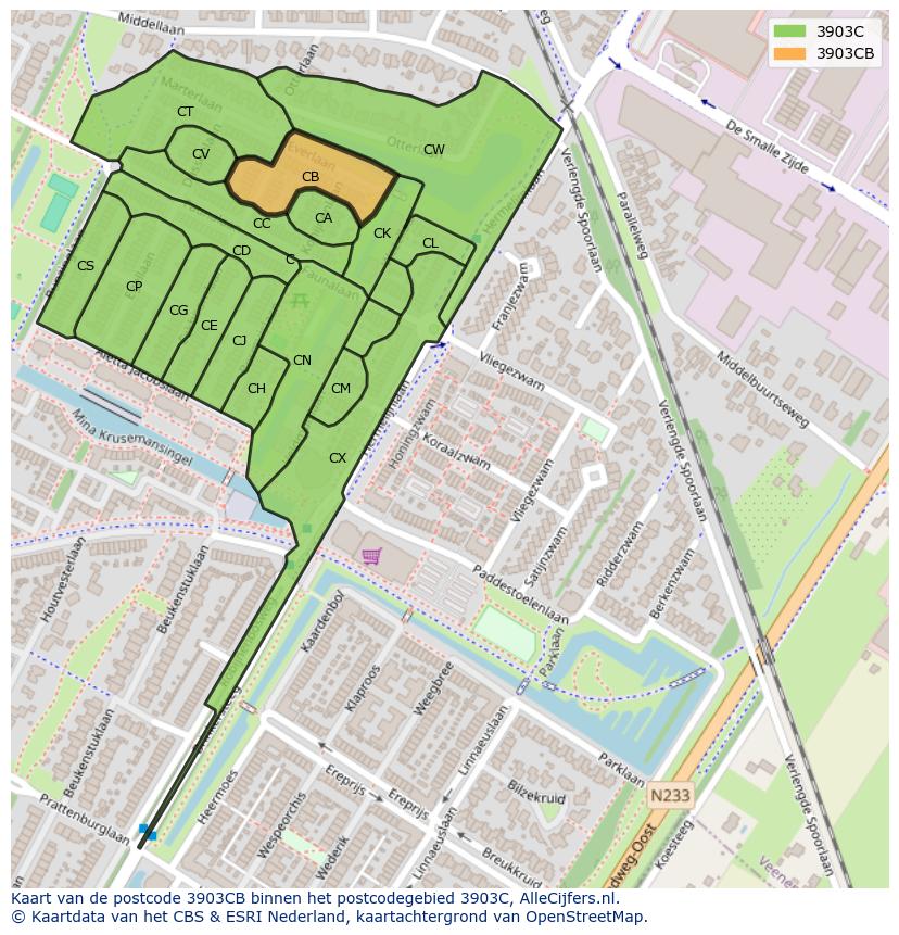Afbeelding van het postcodegebied 3903 CB op de kaart.