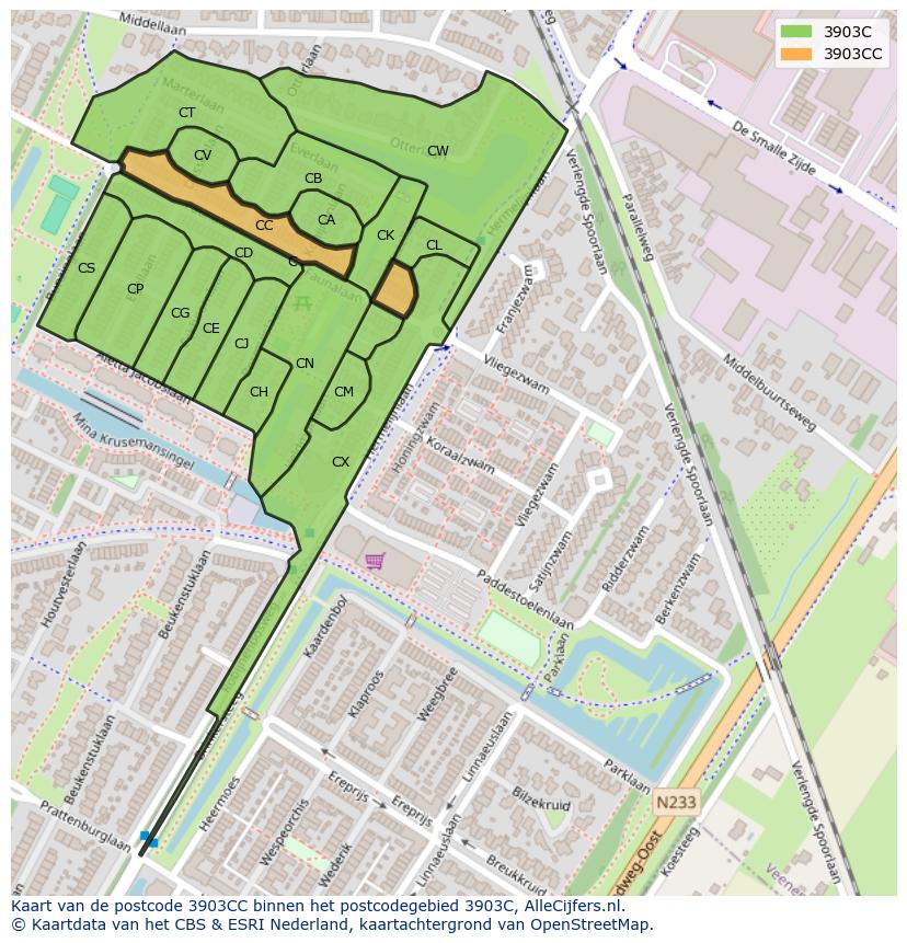 Afbeelding van het postcodegebied 3903 CC op de kaart.