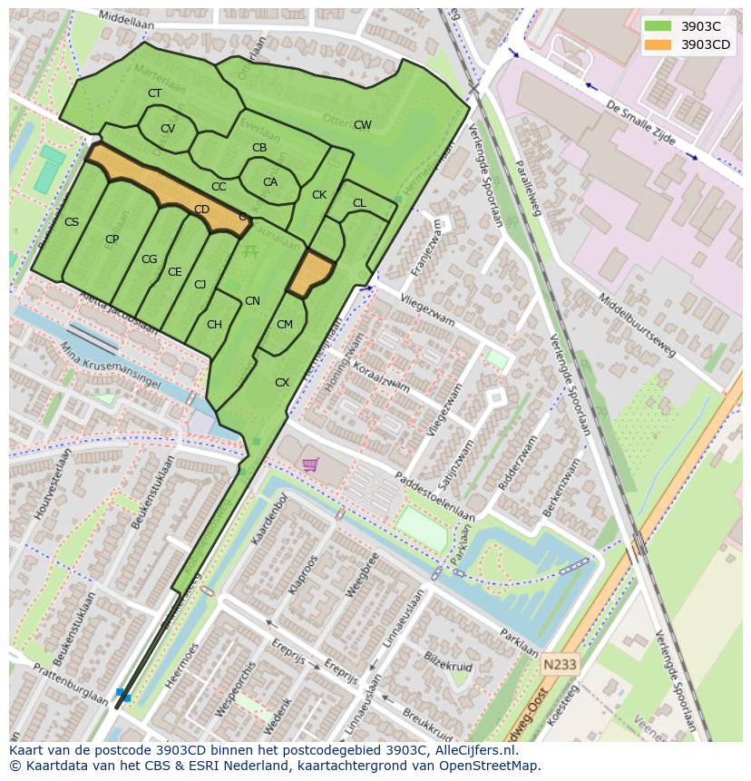Afbeelding van het postcodegebied 3903 CD op de kaart.