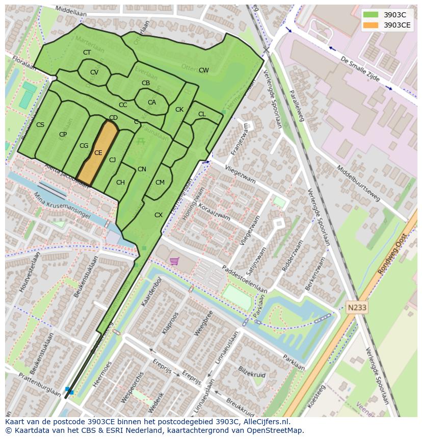Afbeelding van het postcodegebied 3903 CE op de kaart.