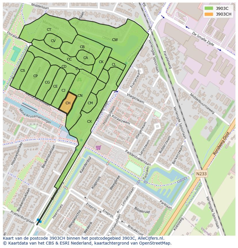 Afbeelding van het postcodegebied 3903 CH op de kaart.