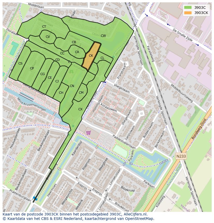 Afbeelding van het postcodegebied 3903 CK op de kaart.