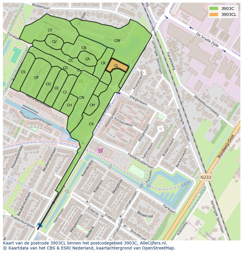 Afbeelding van het postcodegebied 3903 CL op de kaart.