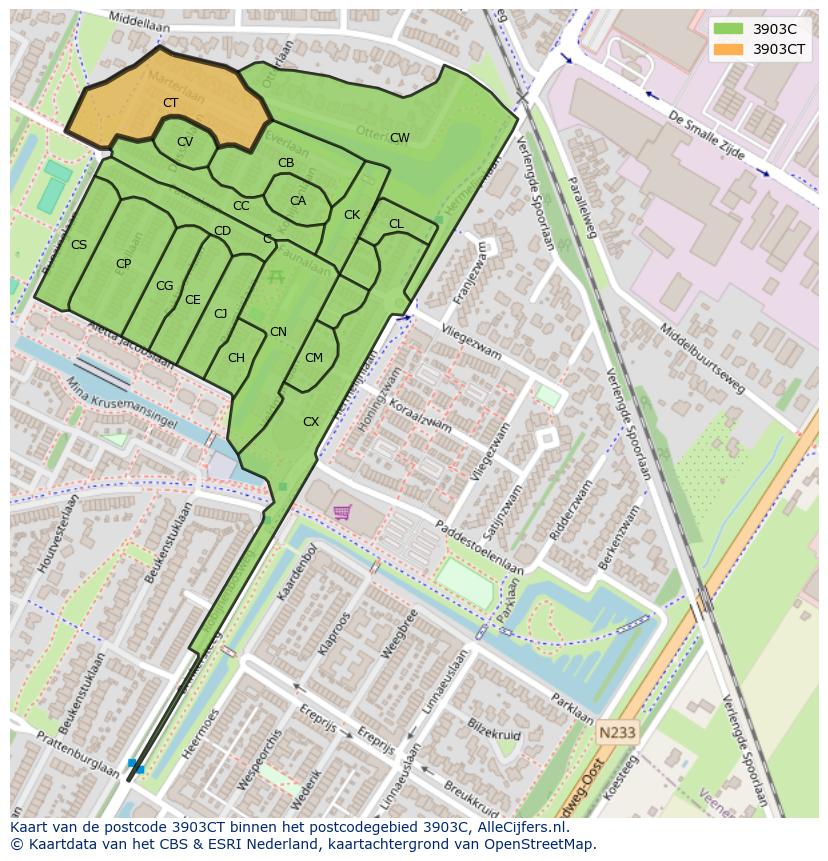 Afbeelding van het postcodegebied 3903 CT op de kaart.