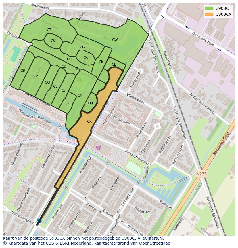 Afbeelding van het postcodegebied 3903 CX op de kaart.
