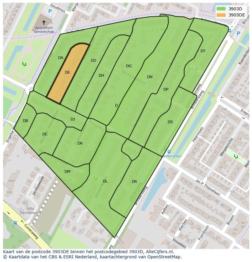 Afbeelding van het postcodegebied 3903 DE op de kaart.