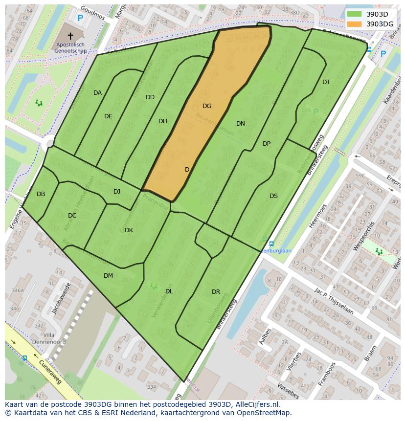 Afbeelding van het postcodegebied 3903 DG op de kaart.