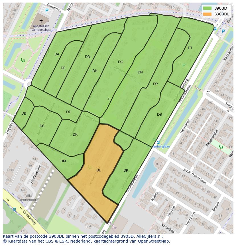 Afbeelding van het postcodegebied 3903 DL op de kaart.