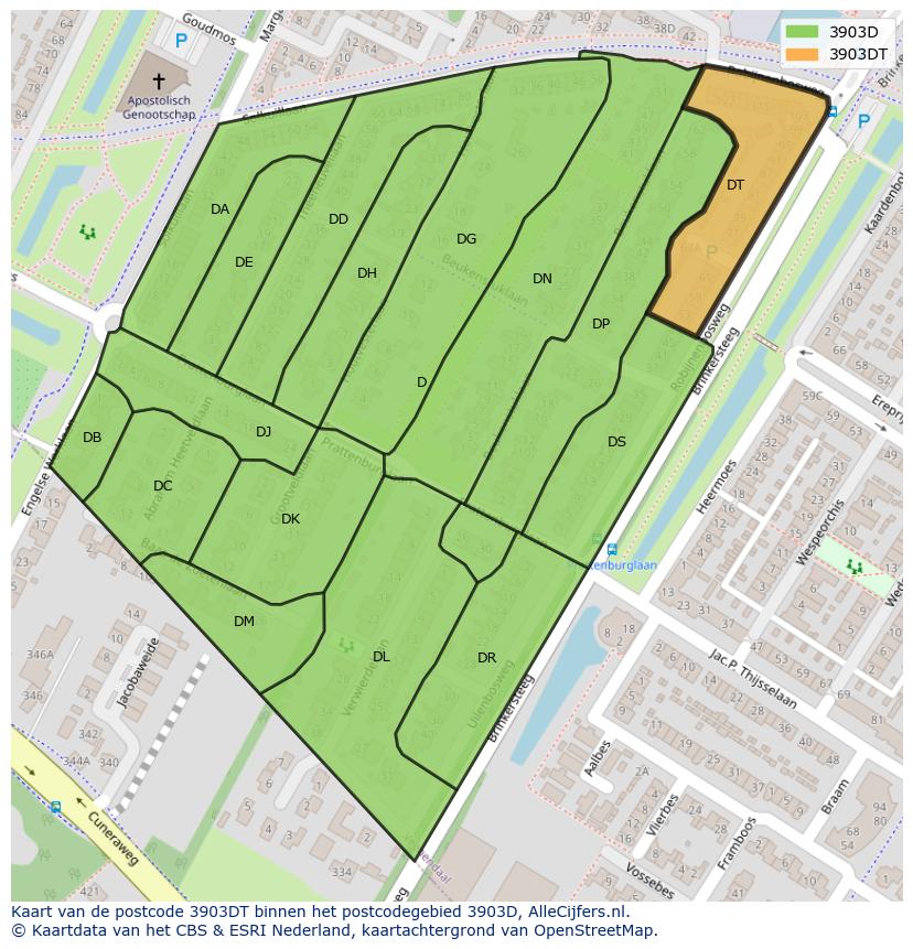 Afbeelding van het postcodegebied 3903 DT op de kaart.