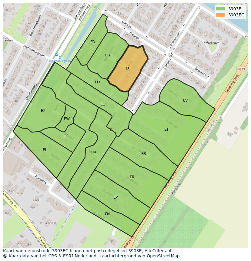 Afbeelding van het postcodegebied 3903 EC op de kaart.