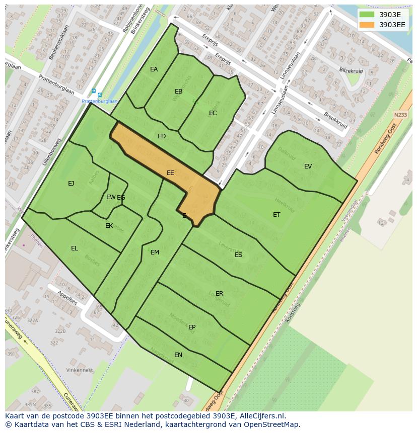Afbeelding van het postcodegebied 3903 EE op de kaart.