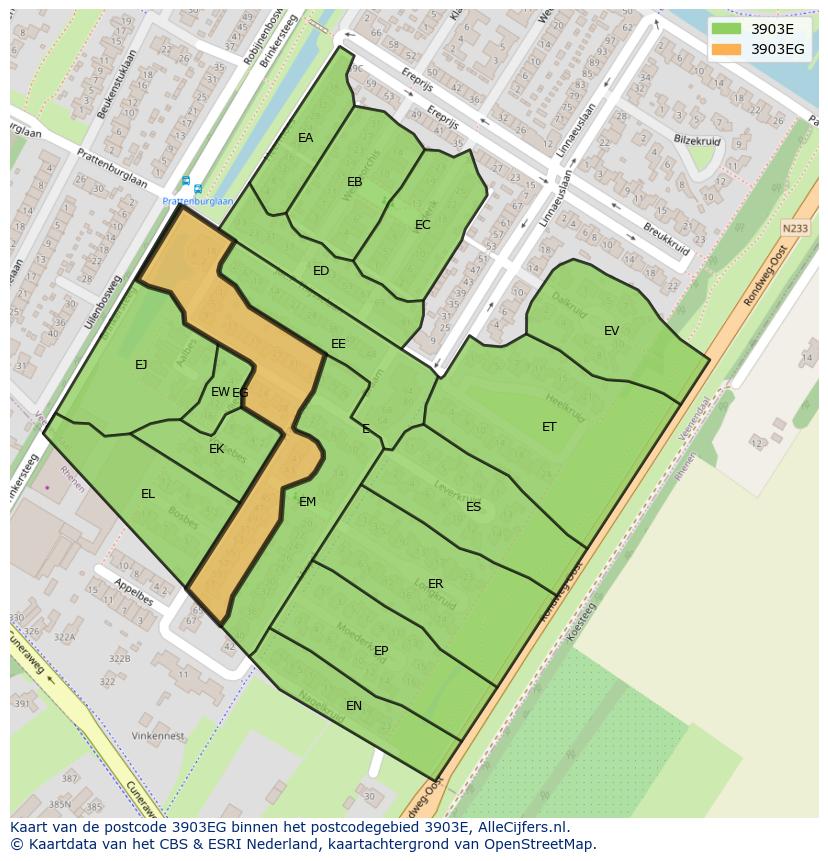 Afbeelding van het postcodegebied 3903 EG op de kaart.