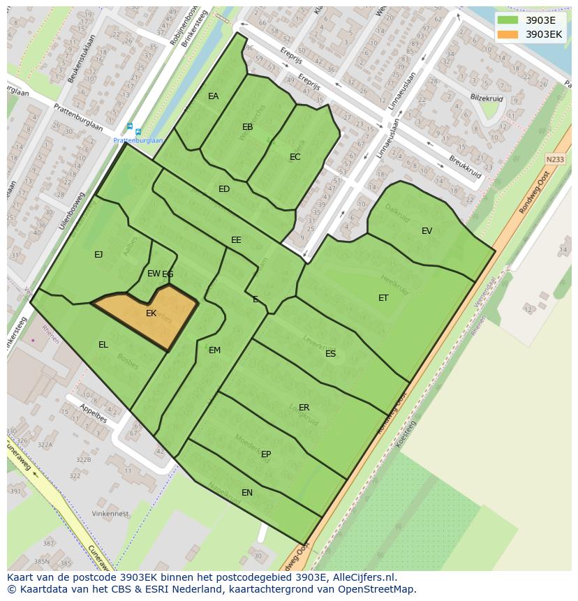 Afbeelding van het postcodegebied 3903 EK op de kaart.