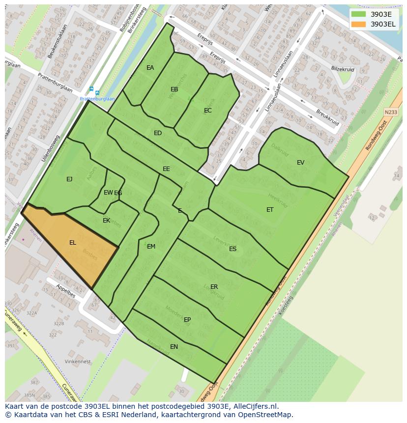 Afbeelding van het postcodegebied 3903 EL op de kaart.