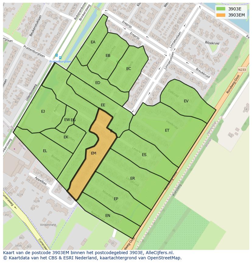 Afbeelding van het postcodegebied 3903 EM op de kaart.