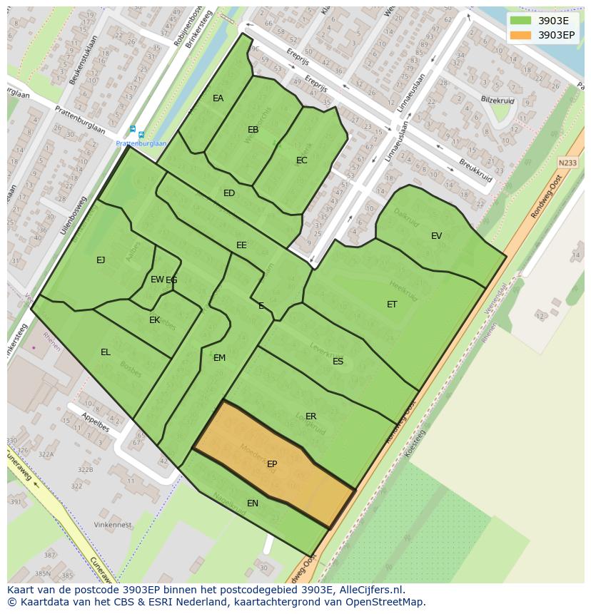 Afbeelding van het postcodegebied 3903 EP op de kaart.
