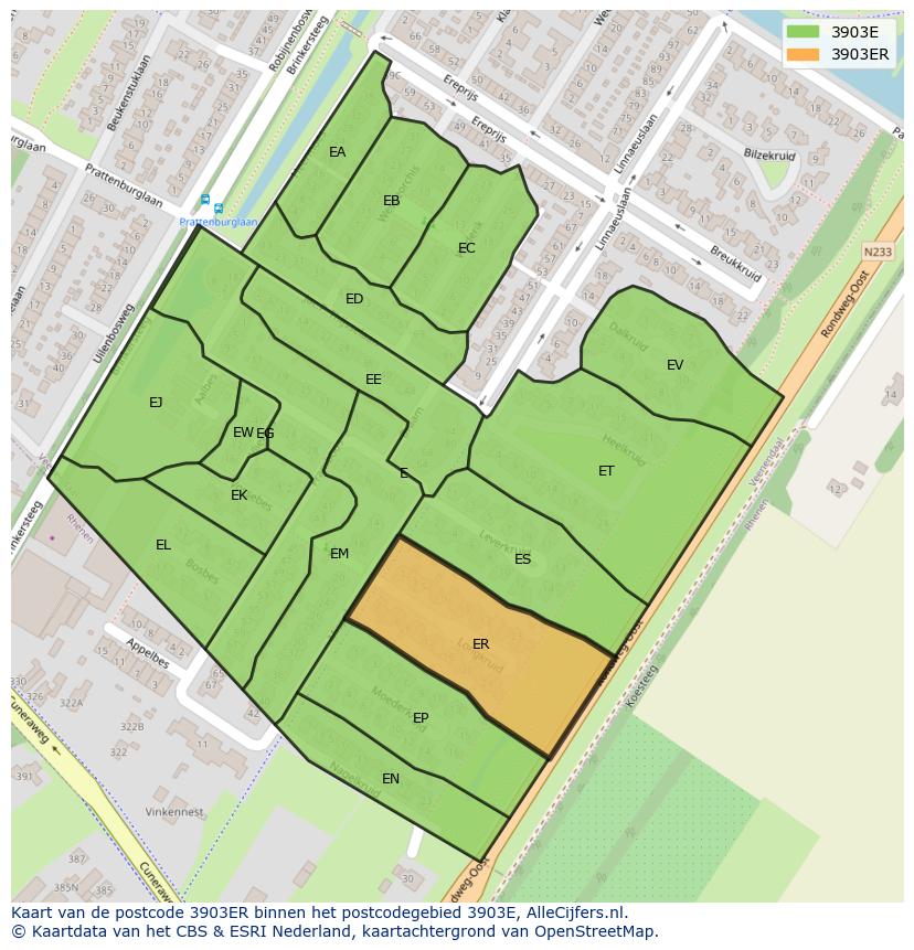 Afbeelding van het postcodegebied 3903 ER op de kaart.