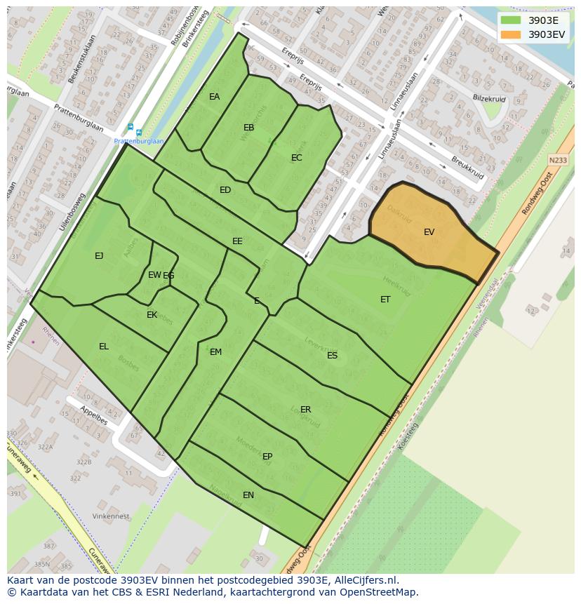Afbeelding van het postcodegebied 3903 EV op de kaart.