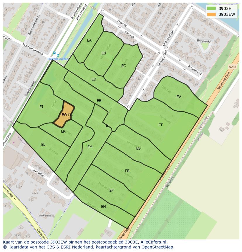 Afbeelding van het postcodegebied 3903 EW op de kaart.