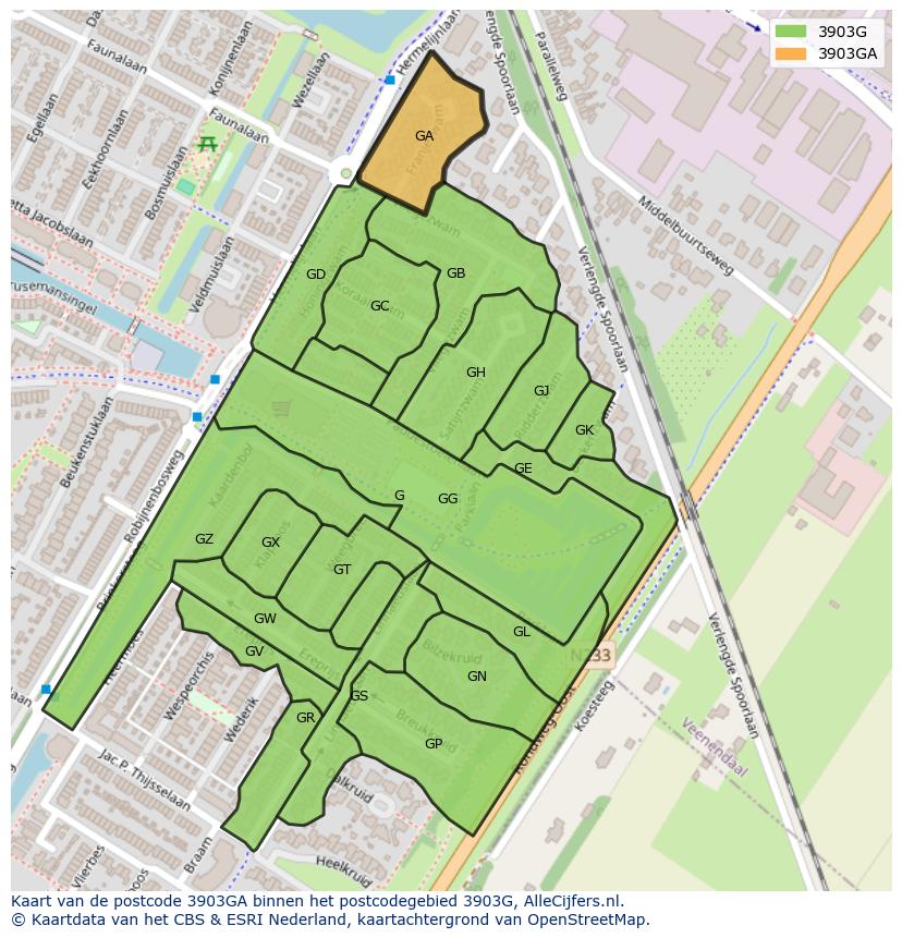 Afbeelding van het postcodegebied 3903 GA op de kaart.