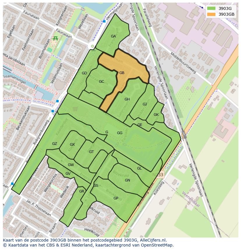 Afbeelding van het postcodegebied 3903 GB op de kaart.