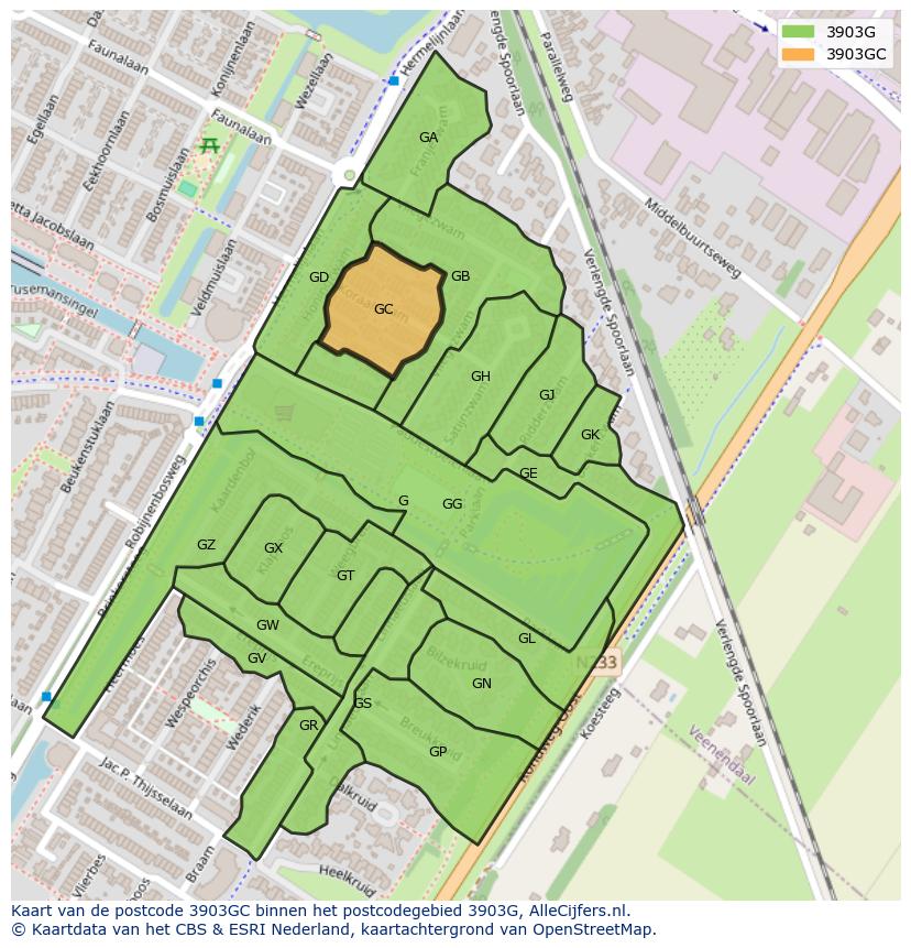 Afbeelding van het postcodegebied 3903 GC op de kaart.