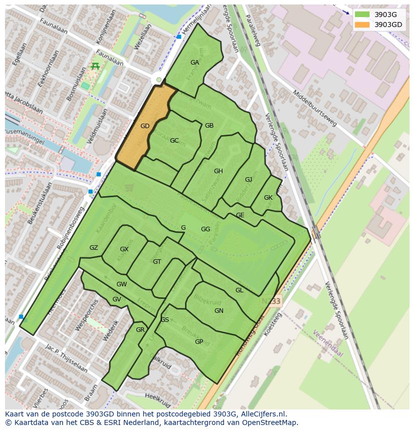 Afbeelding van het postcodegebied 3903 GD op de kaart.