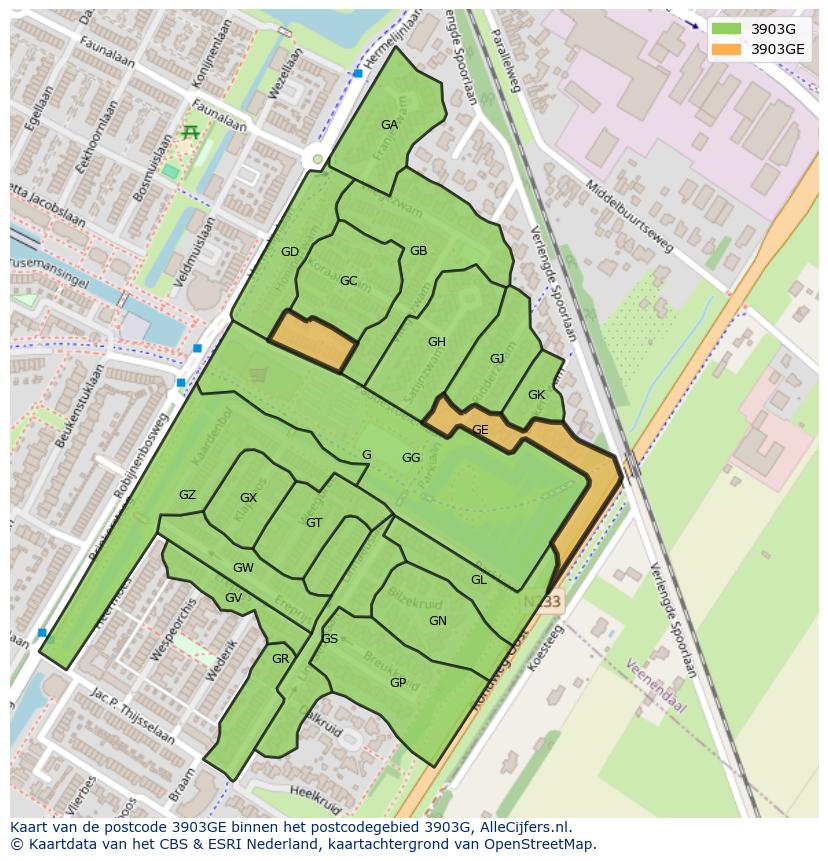 Afbeelding van het postcodegebied 3903 GE op de kaart.