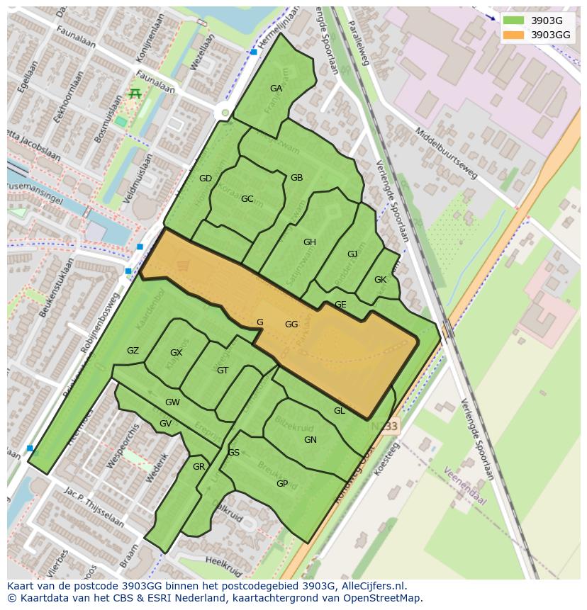 Afbeelding van het postcodegebied 3903 GG op de kaart.