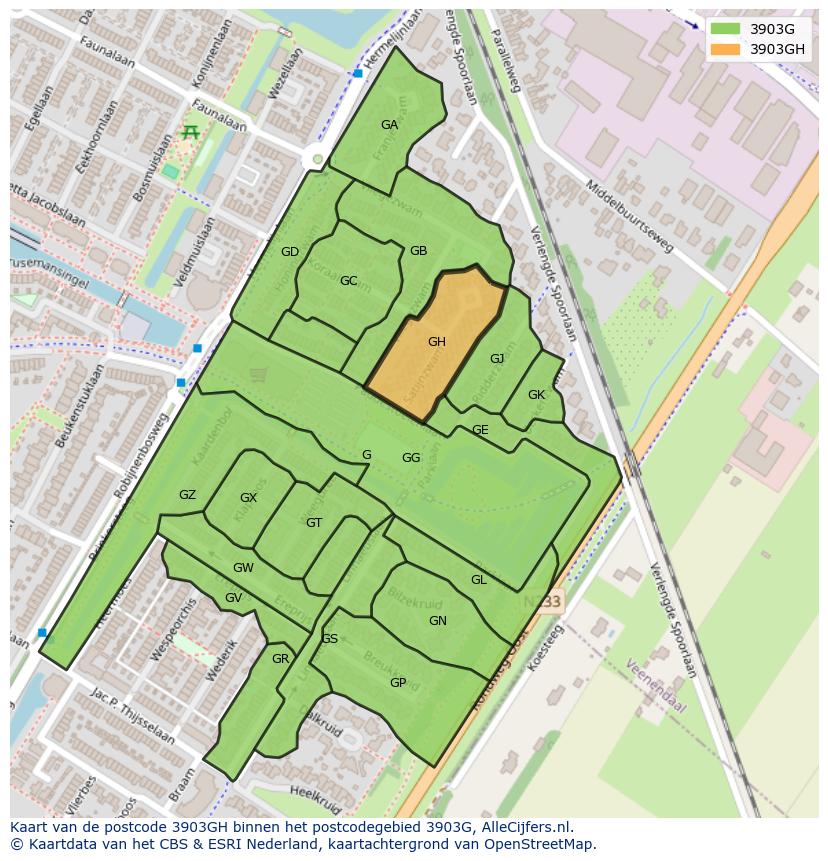 Afbeelding van het postcodegebied 3903 GH op de kaart.