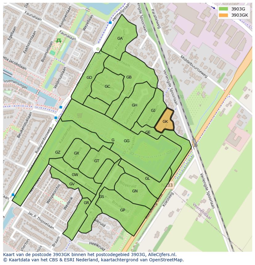 Afbeelding van het postcodegebied 3903 GK op de kaart.