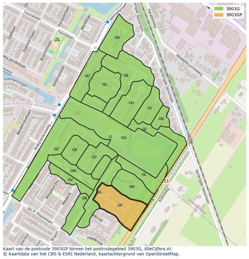 Afbeelding van het postcodegebied 3903 GP op de kaart.