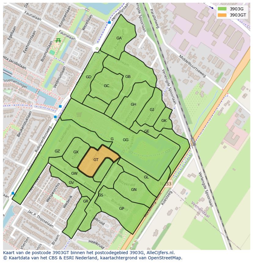 Afbeelding van het postcodegebied 3903 GT op de kaart.