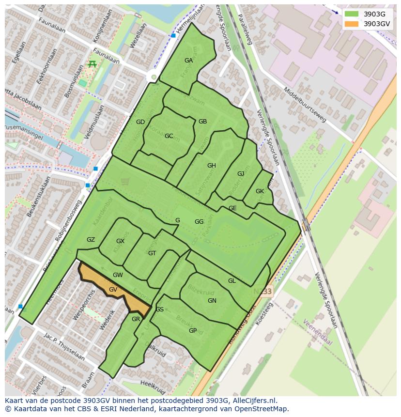 Afbeelding van het postcodegebied 3903 GV op de kaart.