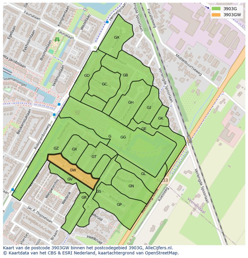 Afbeelding van het postcodegebied 3903 GW op de kaart.