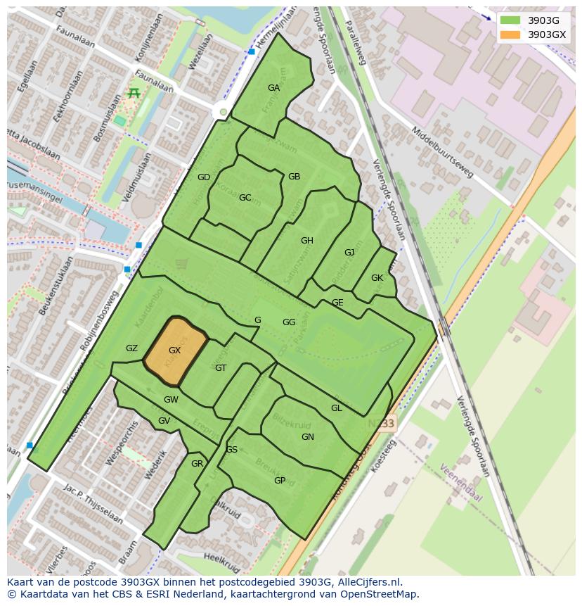 Afbeelding van het postcodegebied 3903 GX op de kaart.