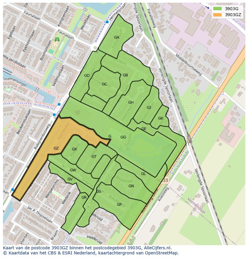 Afbeelding van het postcodegebied 3903 GZ op de kaart.