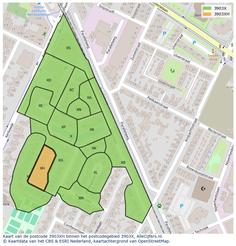 Afbeelding van het postcodegebied 3903 XH op de kaart.