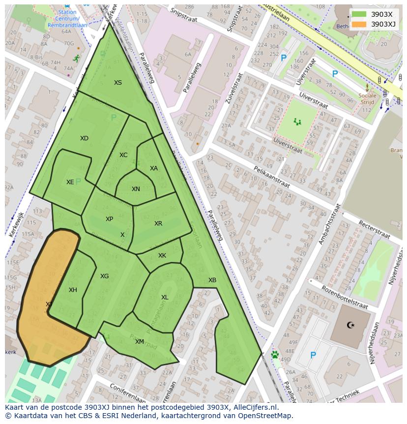 Afbeelding van het postcodegebied 3903 XJ op de kaart.