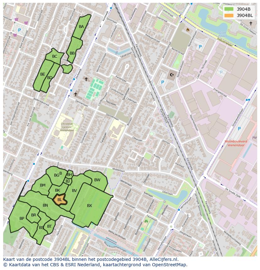 Afbeelding van het postcodegebied 3904 BL op de kaart.