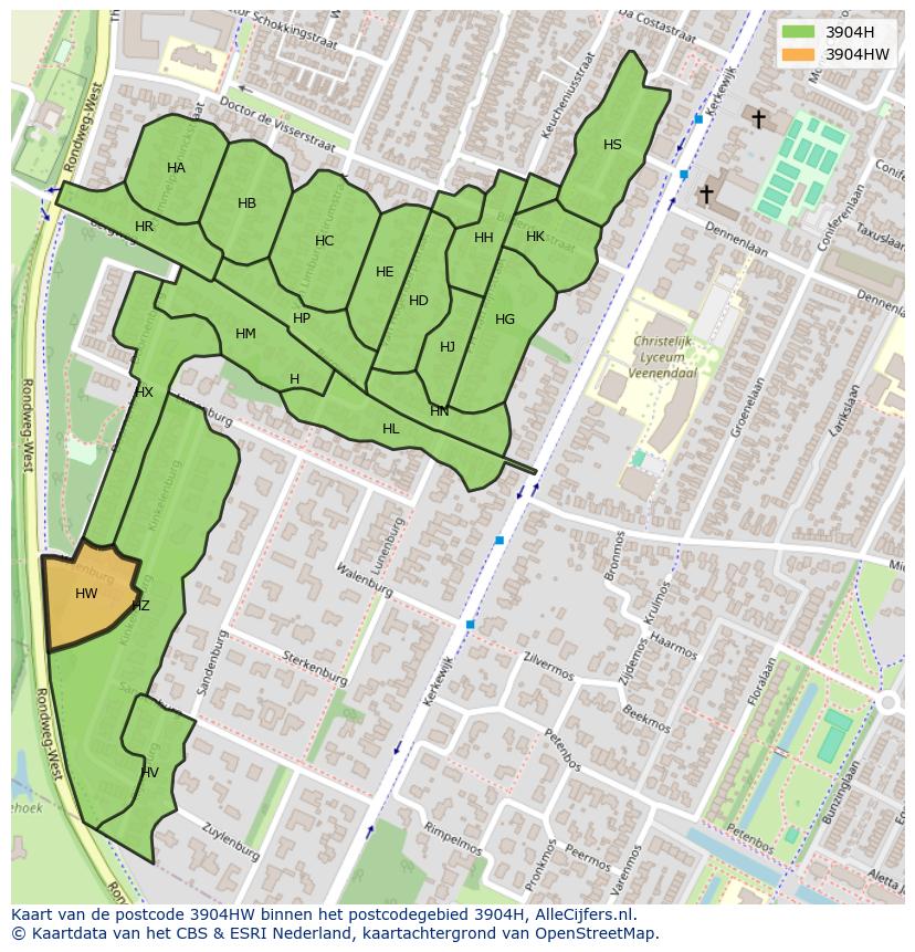 Afbeelding van het postcodegebied 3904 HW op de kaart.