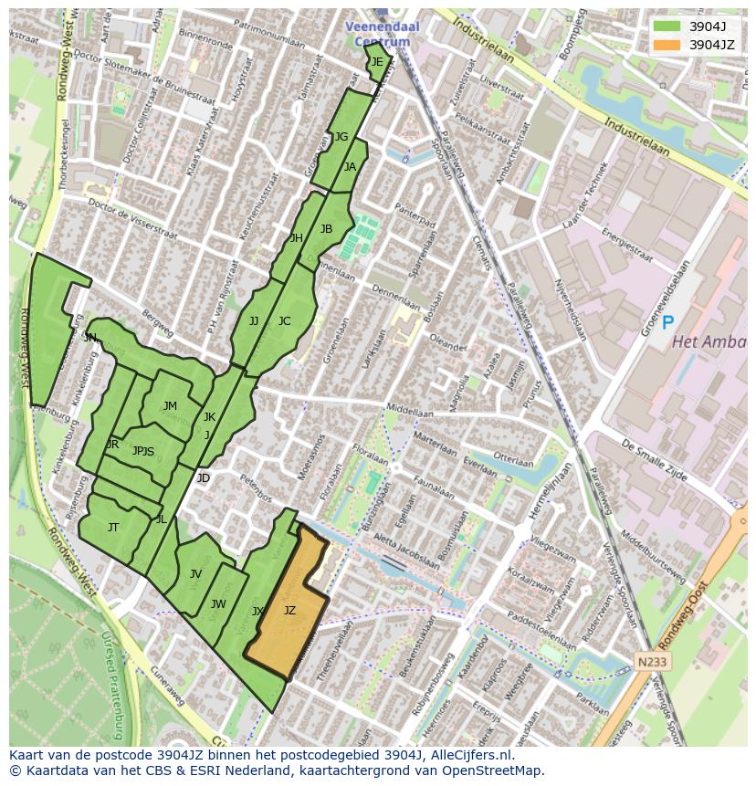 Afbeelding van het postcodegebied 3904 JZ op de kaart.