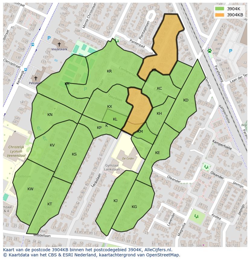 Afbeelding van het postcodegebied 3904 KB op de kaart.