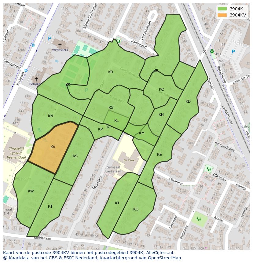 Afbeelding van het postcodegebied 3904 KV op de kaart.